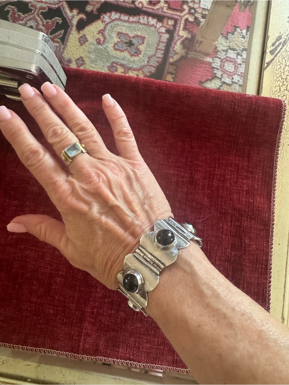 Vintage Handmade Mexican Sterling Silver Black Onyx Link Bracelet 65.99g 7”